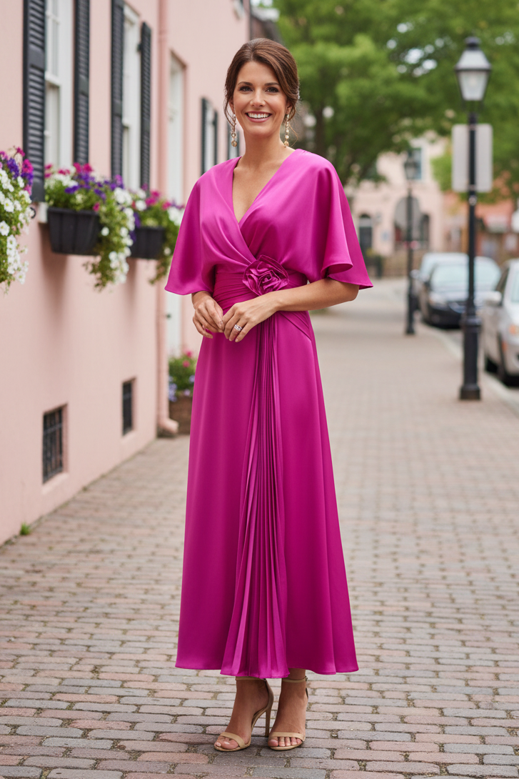 Flutter Sleeve Wrap Midi Dress with Floral Waist Detail