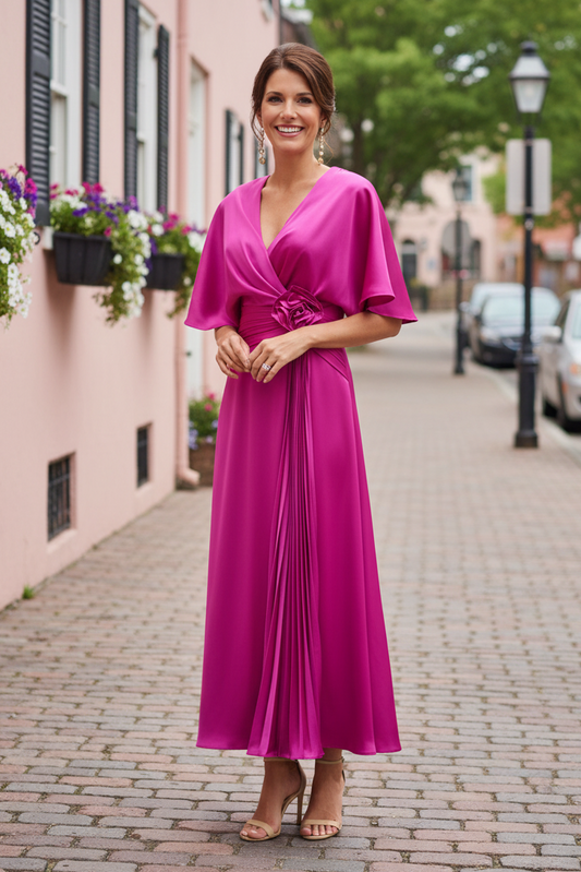 Flutter Sleeve Wrap Midi Dress with Floral Waist Detail