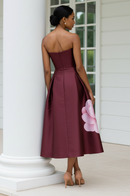 Strapless Floral Print Satin Tea-Length Dress