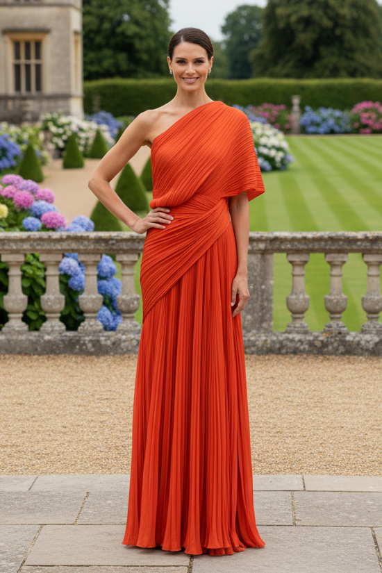 Pleated One-Shoulder Draped Maxi Evening Gown