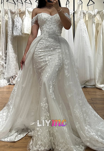 Lace Applique Mermaid Wedding Dress with Overskirt