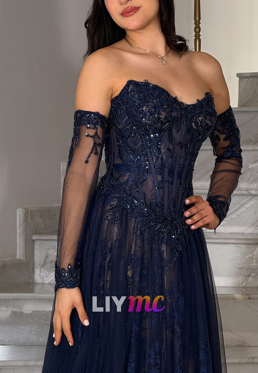 Corset Evening Gown with Sheer Sleeves