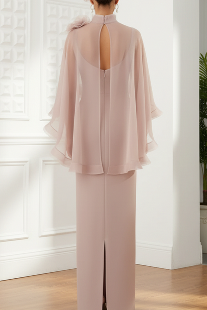 High Neck Column Maxi Dress with Chiffon Cape Overlay
