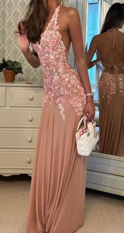 Floral Applique Halter Open Back Maxi Gown
