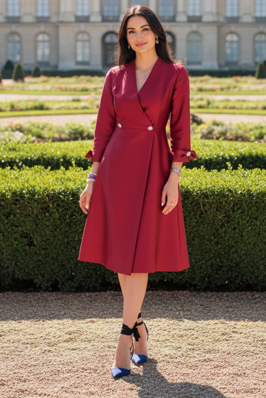 Wrap Style A-Line Dress with 3/4 Sleeves