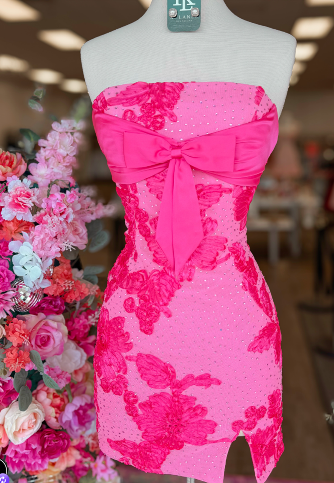 Strapless Floral Applique Mini Dress with Bow