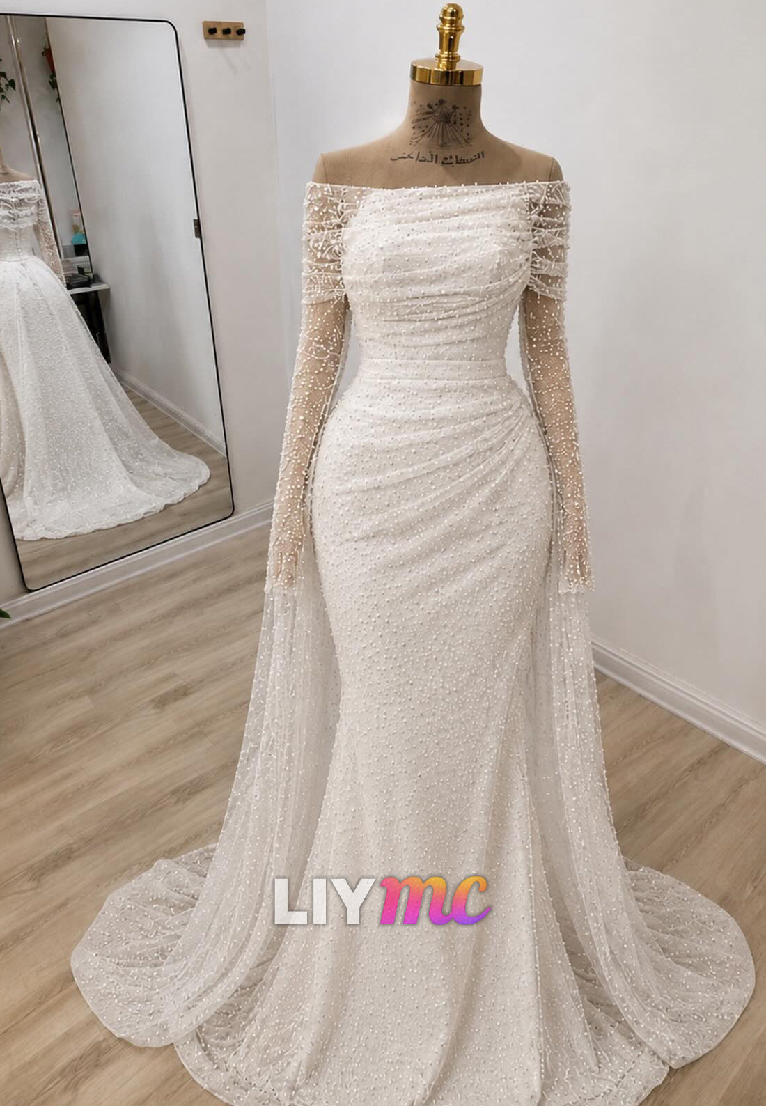 Off Shoulder Pearl Beaded Mermaid Wedding Gown
