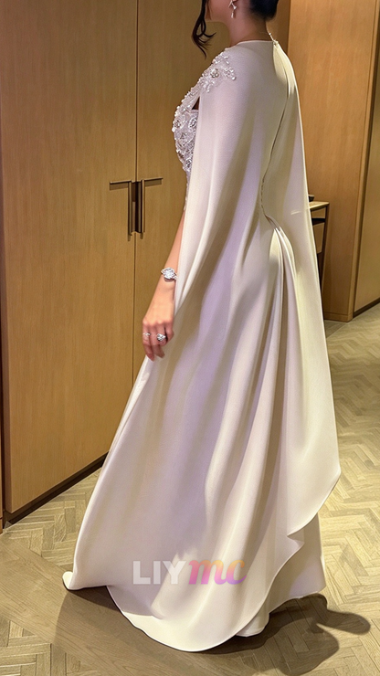 Embroidered Cape Evening Gown with Waist Cutout