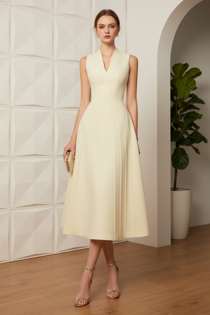 Sleeveless Pleated V-Neck Midi A-Line Dress