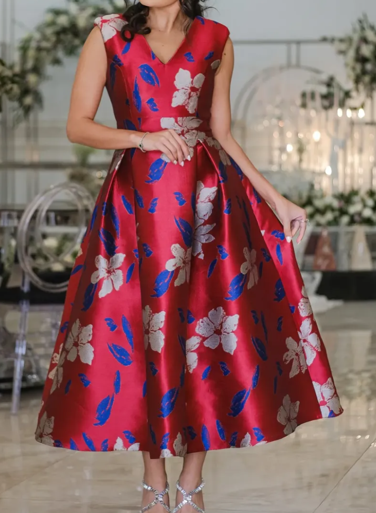 Floral Brocade V-Neck A-Line Midi Dress