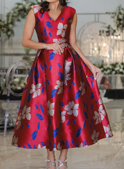 Floral Brocade V-Neck A-Line Midi Dress