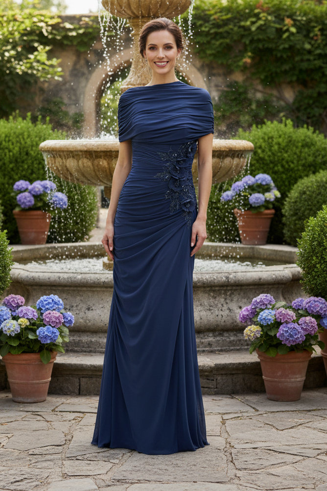 Ruched Column Gown with Floral Applique