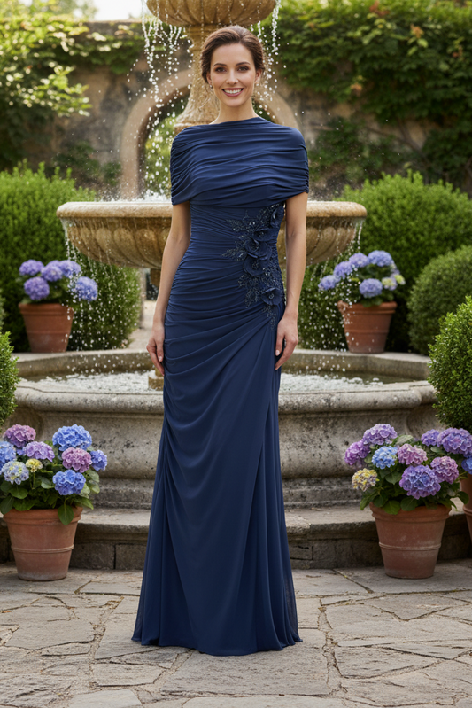Ruched Column Gown with Floral Applique