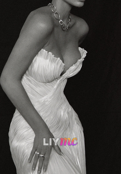 Strapless Pleated Corset Gown with High Slit