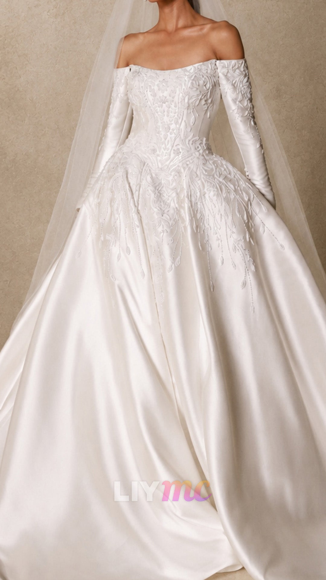 Embroidered Satin Off-the-Shoulder Ball Gown
