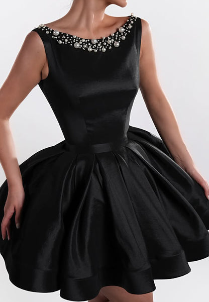 Pearl-Embellished Bateau Neck A-Line Mini Dress