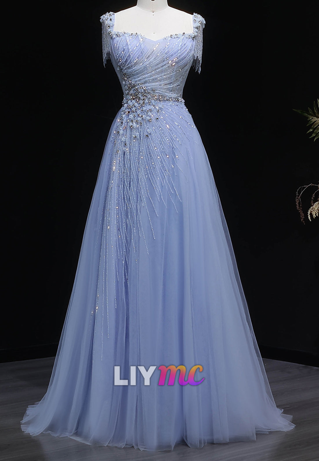 Beaded Tassel Strap Tulle A-Line Evening Gown