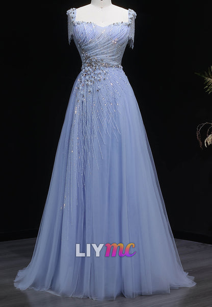 Beaded Tassel Strap Tulle A-Line Evening Gown