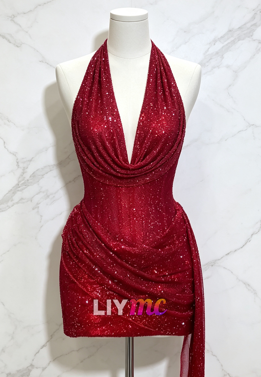 Glitter Halter Cowl Neck Bodycon Mini Dress