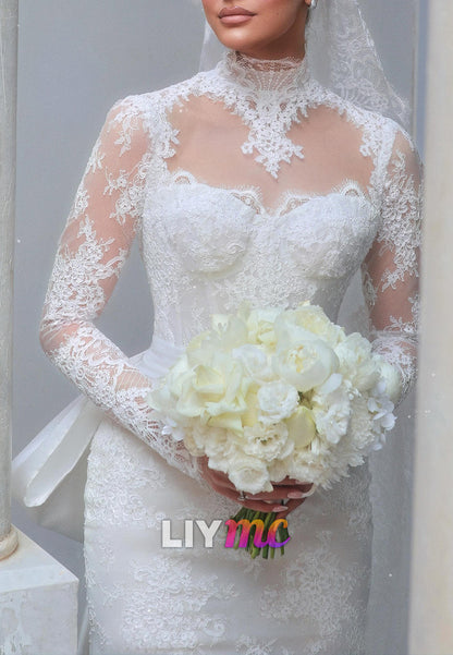 High Neck Lace Long Sleeve Wedding Dress with Satin Bow