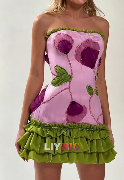 Strapless Corset Mini Dress with 3D Floral Appliques