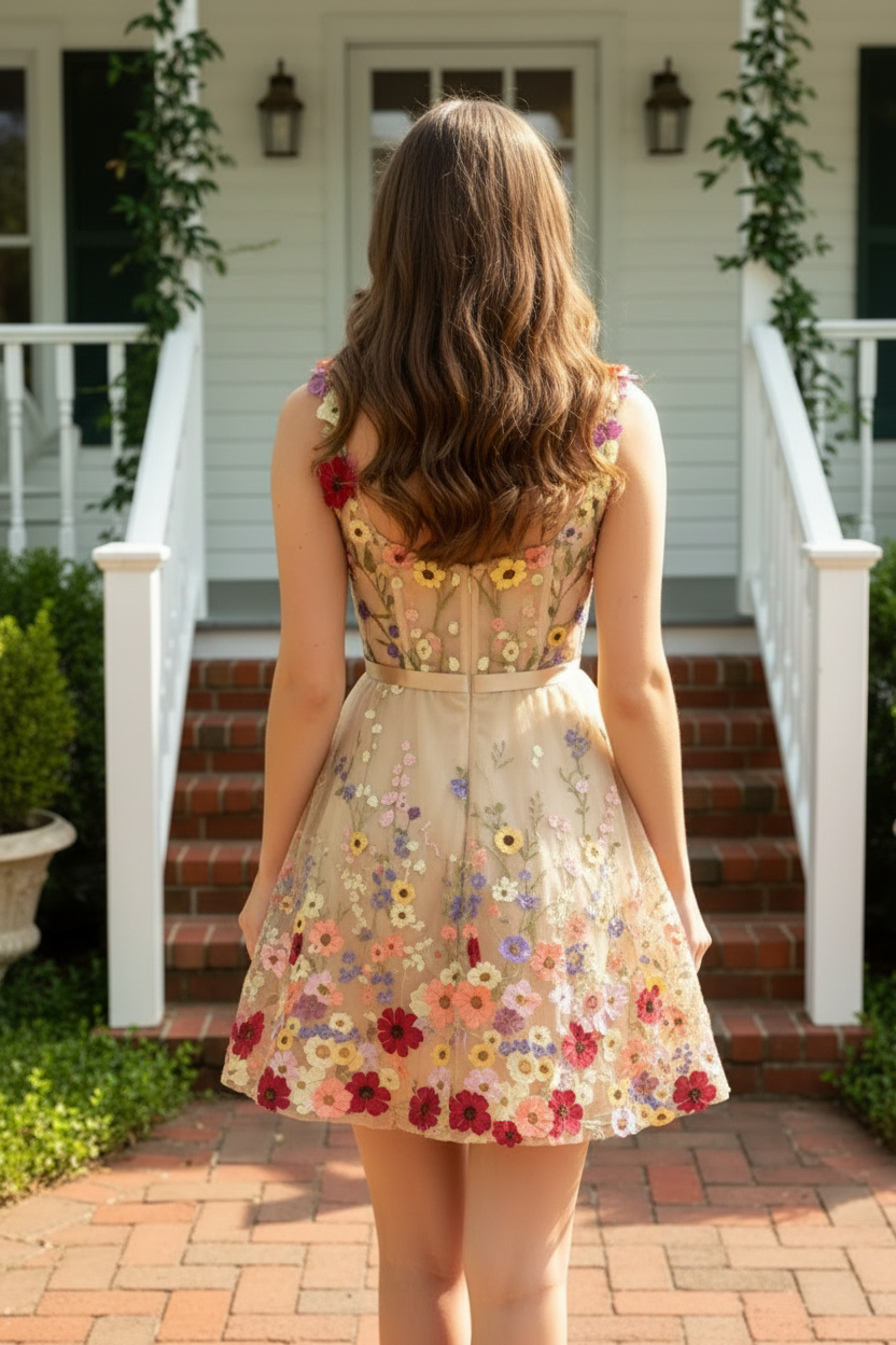 3D Floral Applique Short A-Line Homecoming Dress