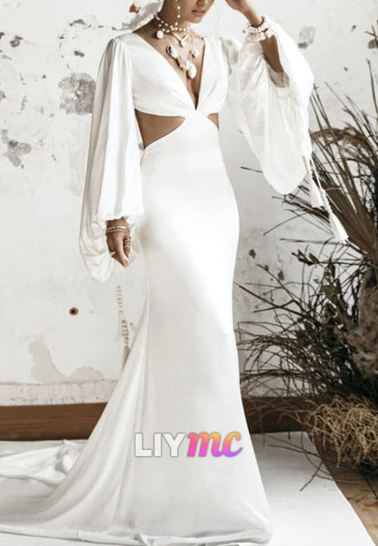 Deep V Cutout Mermaid Wedding Dress Long Bell Sleeves