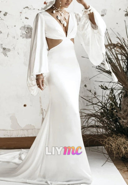 Deep V Cutout Mermaid Wedding Dress Long Bell Sleeves
