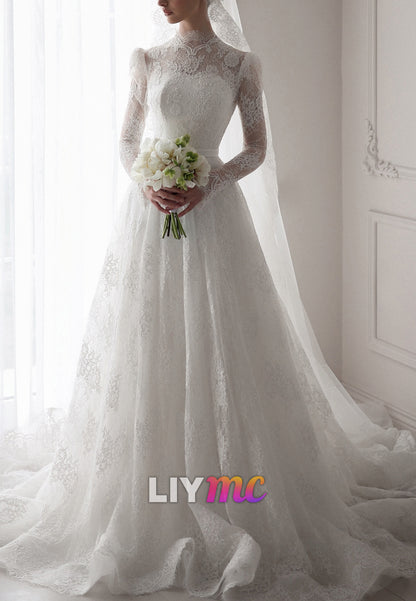 High Neck Lace A-Line Wedding Dress with Long Sleeves