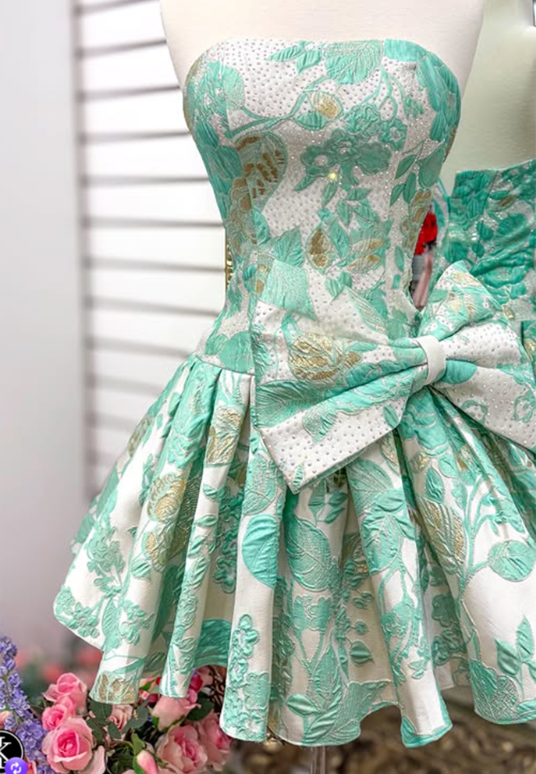 Strapless Jacquard Mini Dress with Side Bow