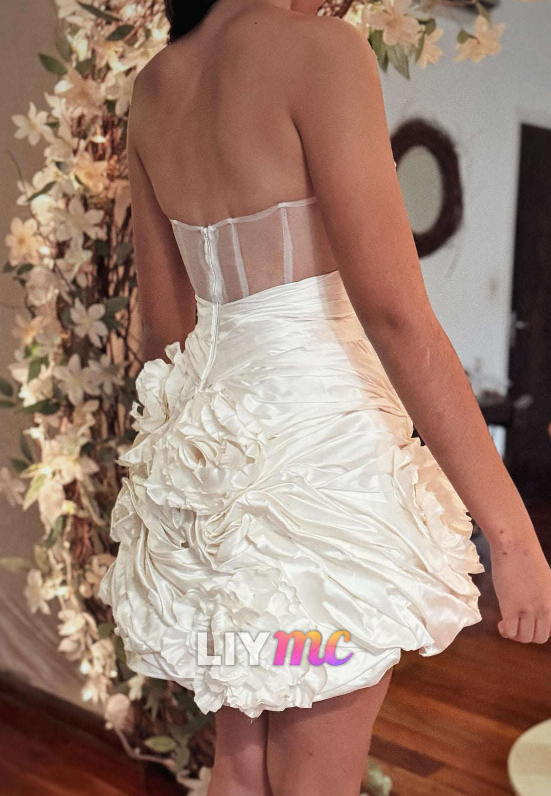 Strapless Sweetheart Mini Dress with 3D Rosette Skirt