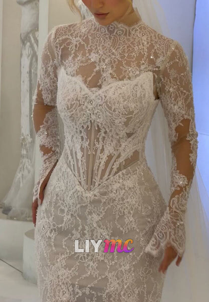 Mock Neck Long Sleeve Lace Mermaid Wedding Dress