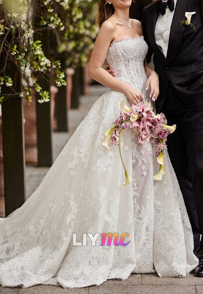 Strapless Lace Wedding Dress with Tulle Overskirt