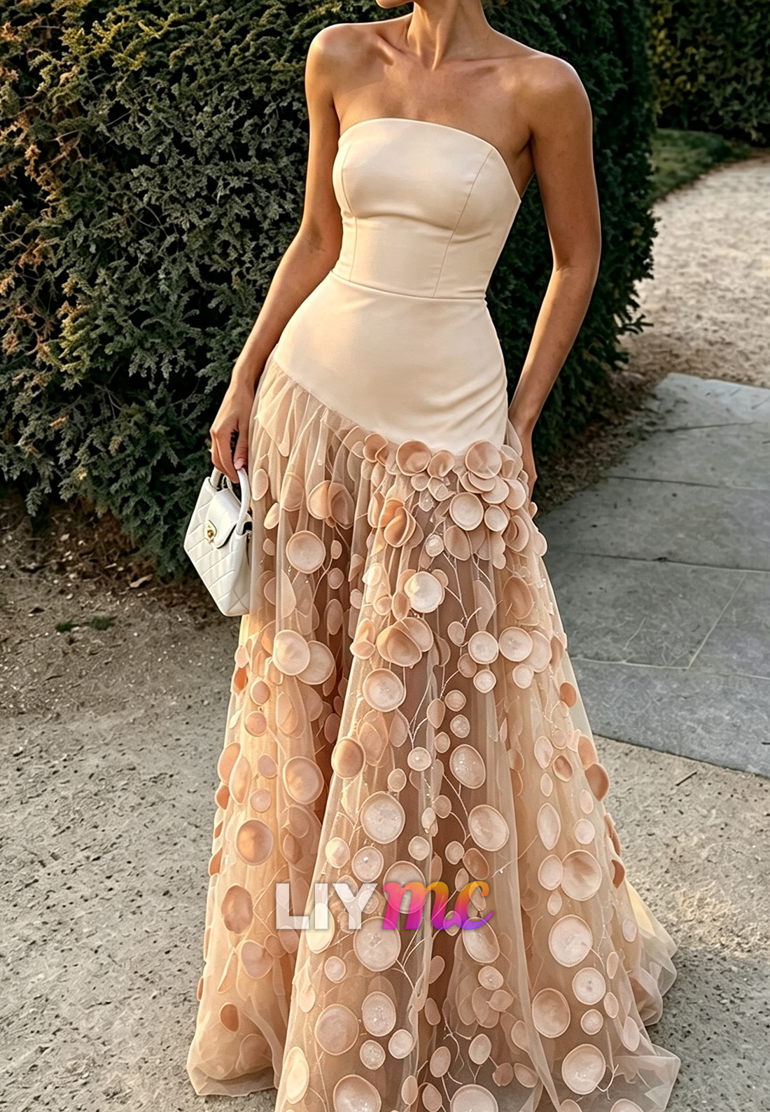 Strapless A-Line Evening Gown with 3D Appliques