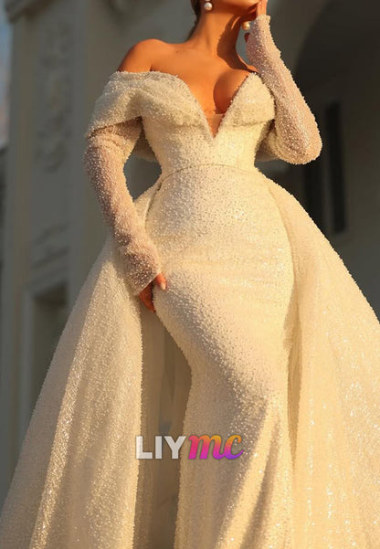 Off-Shoulder Beaded Mermaid Gown with Sweeping Overskirt