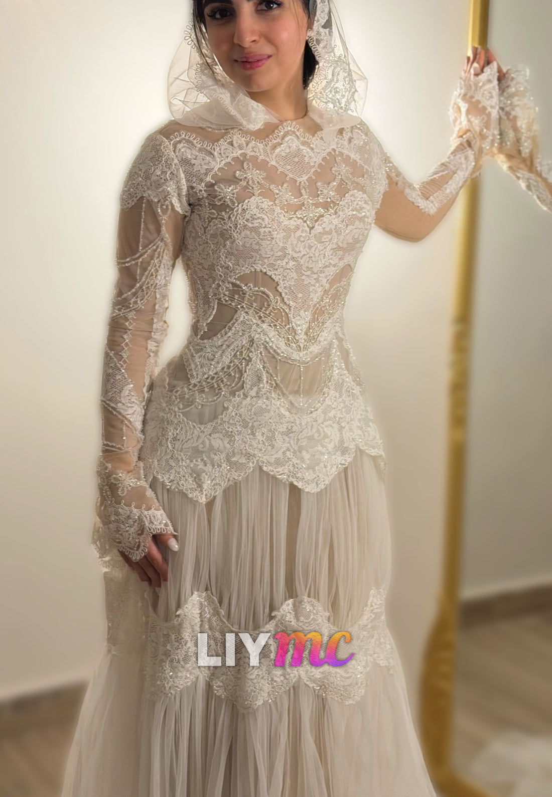 Vintage Hooded Lace and Tulle Wedding Dress