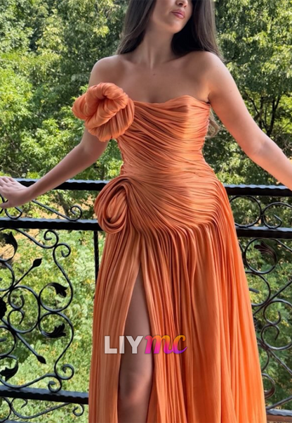 Strapless Pleated Satin Gown with 3D Rosette Detail
