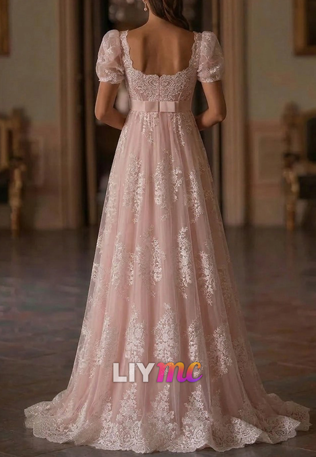 Lace Puff-Sleeve Empire A-Line Gown