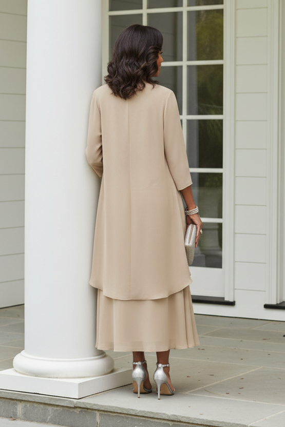 Embroidered Floral Midi Dress Set with Draped Jacket
