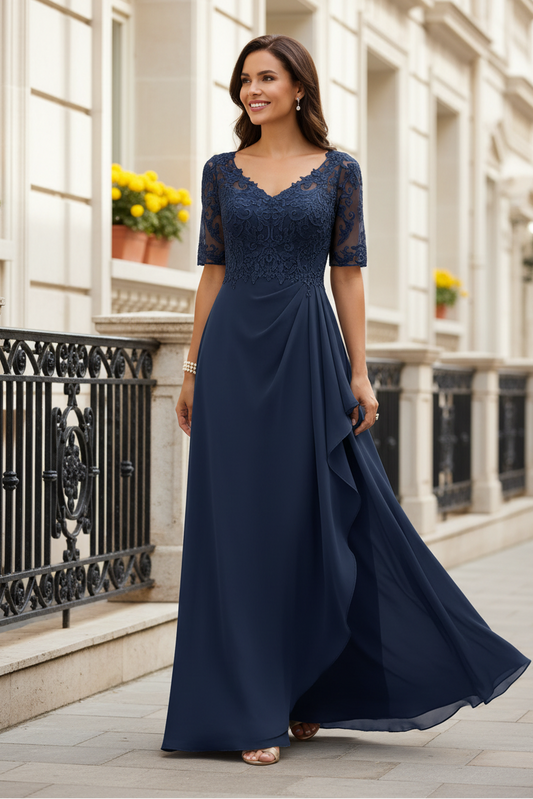 Lace Chiffon A-Line Evening Gown with Cascading Ruffle