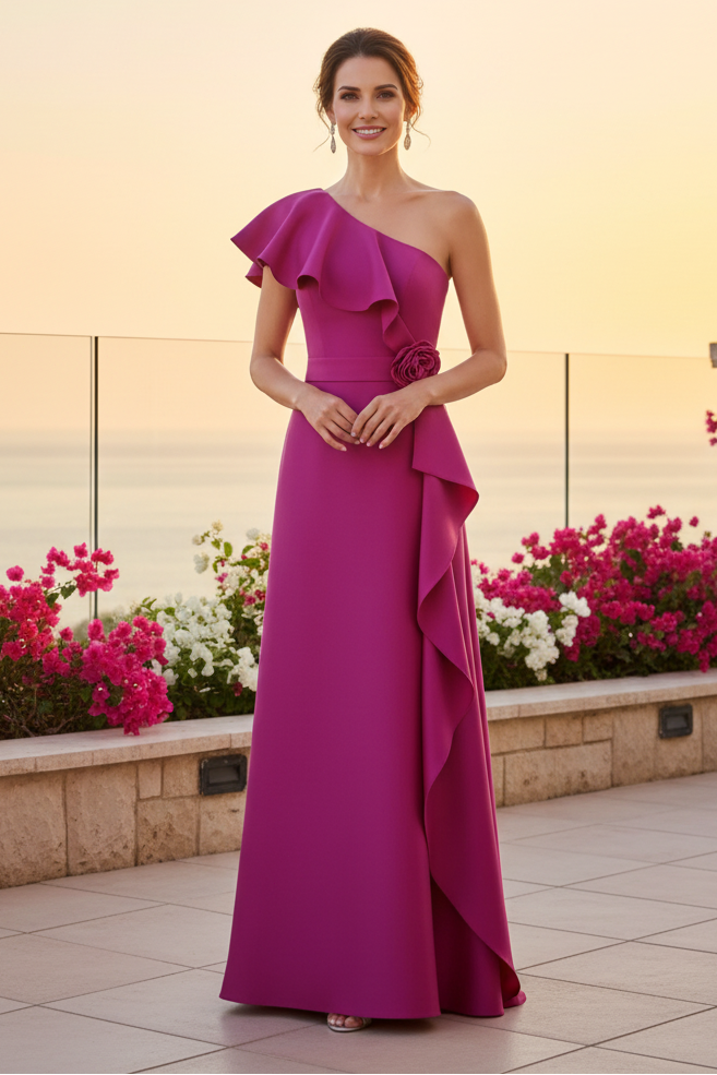 One-Shoulder Satin Gown with Cascading Ruffle