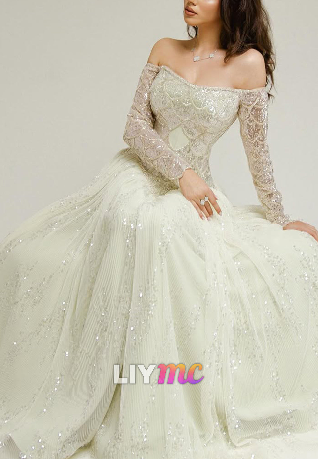 Off-the-Shoulder Sequin Long Sleeve A-Line Gown