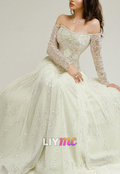Off-the-Shoulder Sequin Long Sleeve A-Line Gown