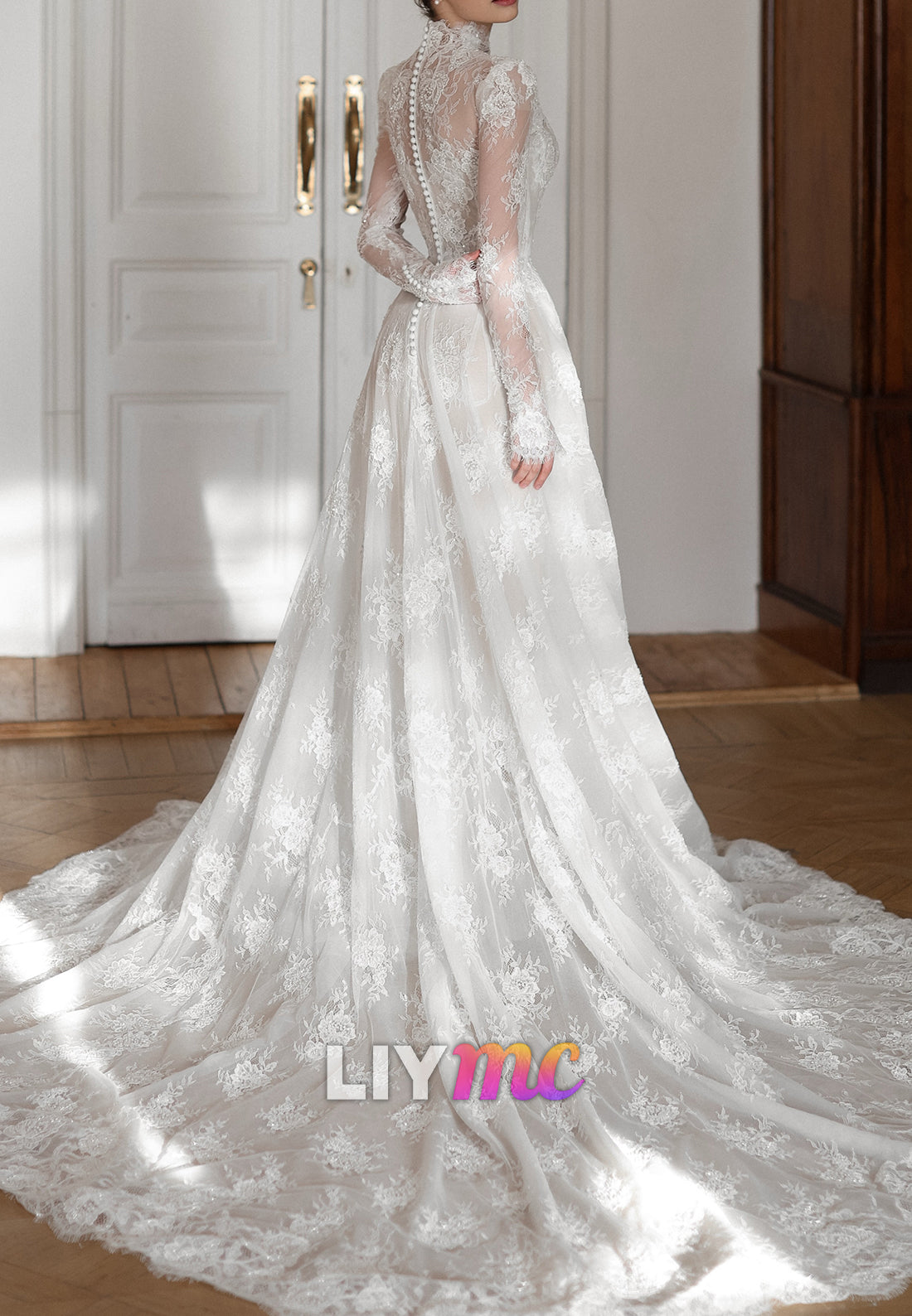 High-Neck A-Line Lace Wedding Dress with Long Sleeves