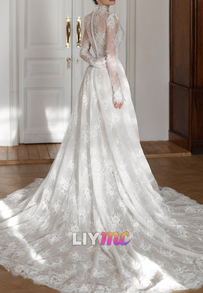 High-Neck A-Line Lace Wedding Dress with Long Sleeves