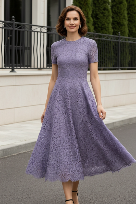 Short Sleeve A-Line Lace Midi Dress