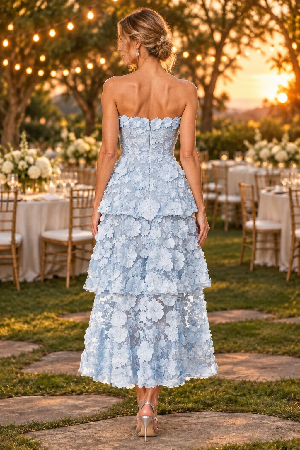 Strapless 3D Floral Tiered Midi Dress