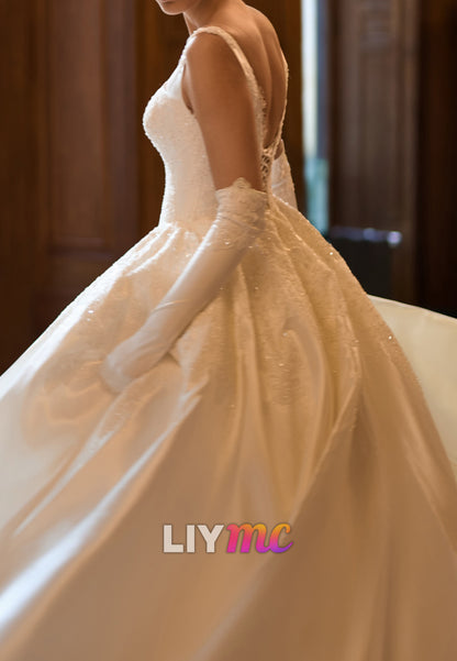Square Neck Lace Applique Satin Ball Gown Wedding Dress