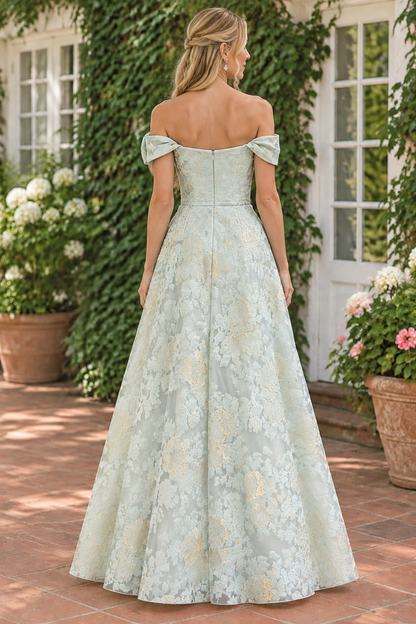 Off-the-Shoulder Jacquard Gown with Bow Accent