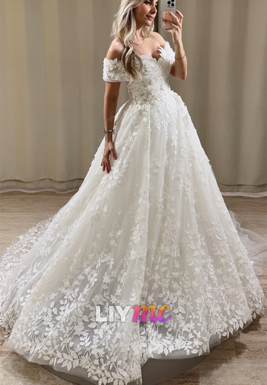 Off-the-Shoulder 3D Floral Lace Ball Gown